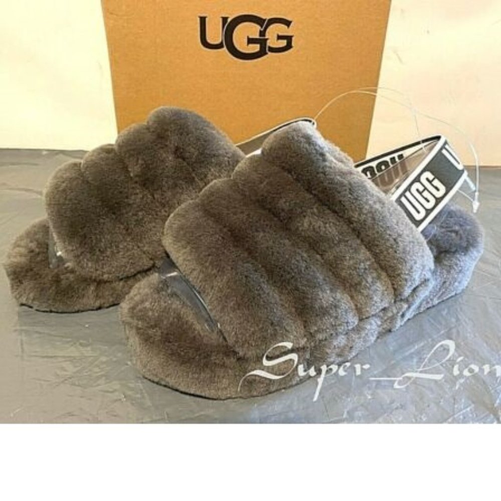NEW UGG Women's Fluff Yeah Slide Sandals 1095119 Charcoal - Picture 2 of 7